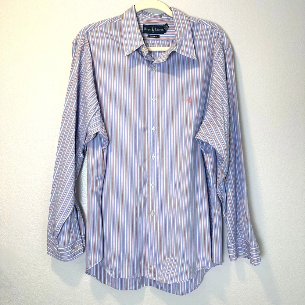 Ralph Lauren Men's 17.5- 34/35 Button Shirt Long Sleeve Striped Blue